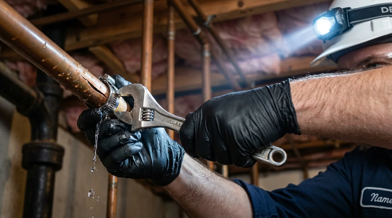 Emergency pipe clamp repair being performed by a Johns Plumbing LLC plumber in Uvalde