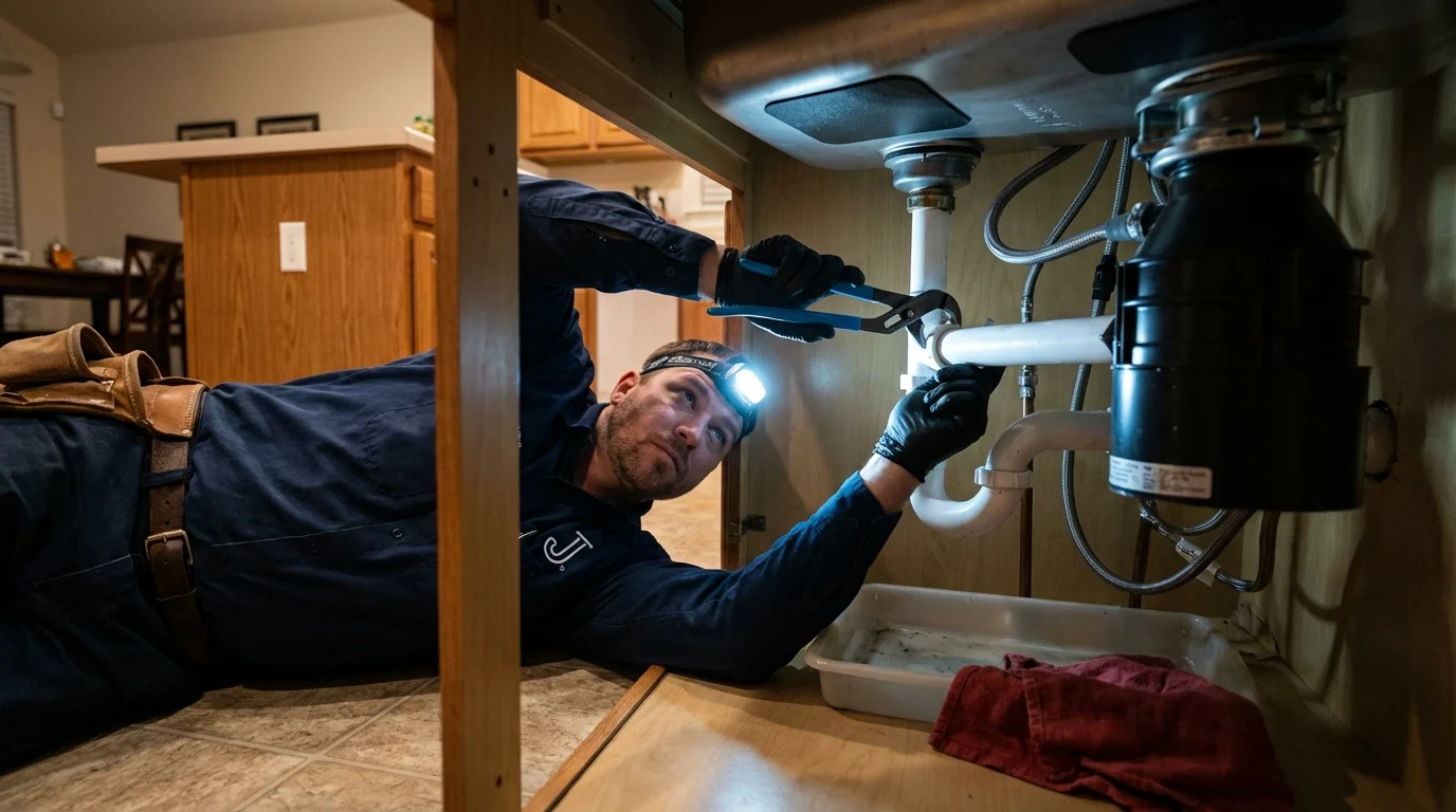 P-trap and supply line connections under a kitchen sink showing a common leak point in Uvalde, TX